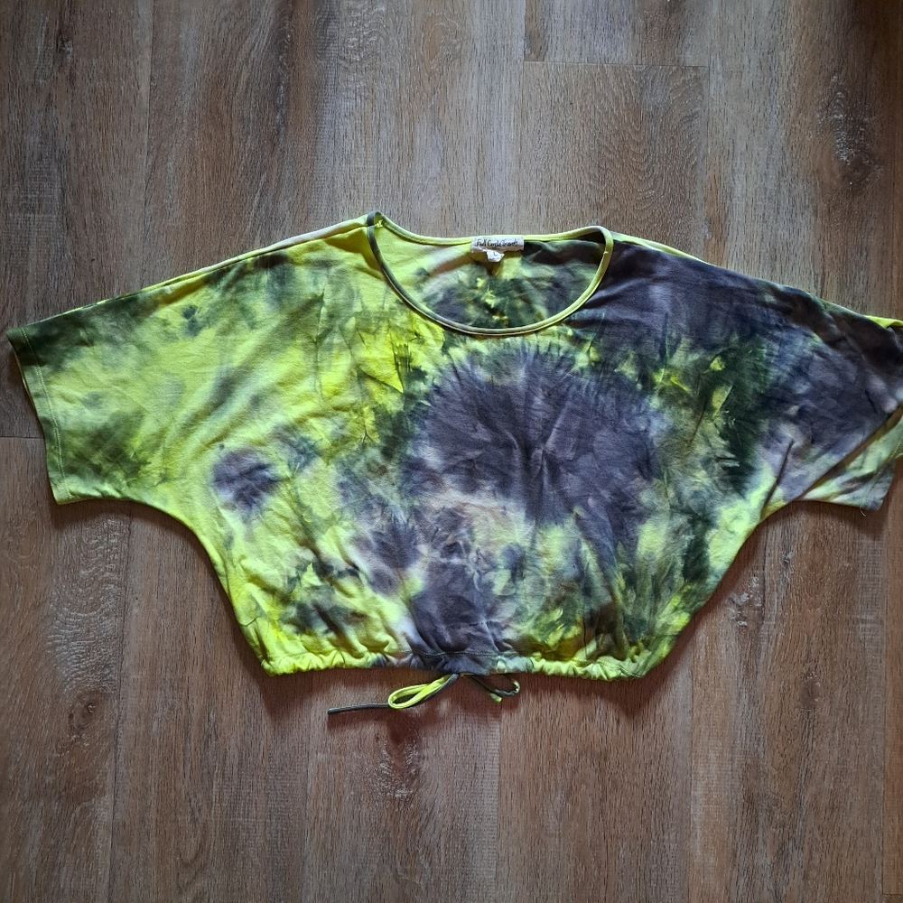 Full Circle Trends Lime Green Grey White Crop Top Drawstring Women's Size Large